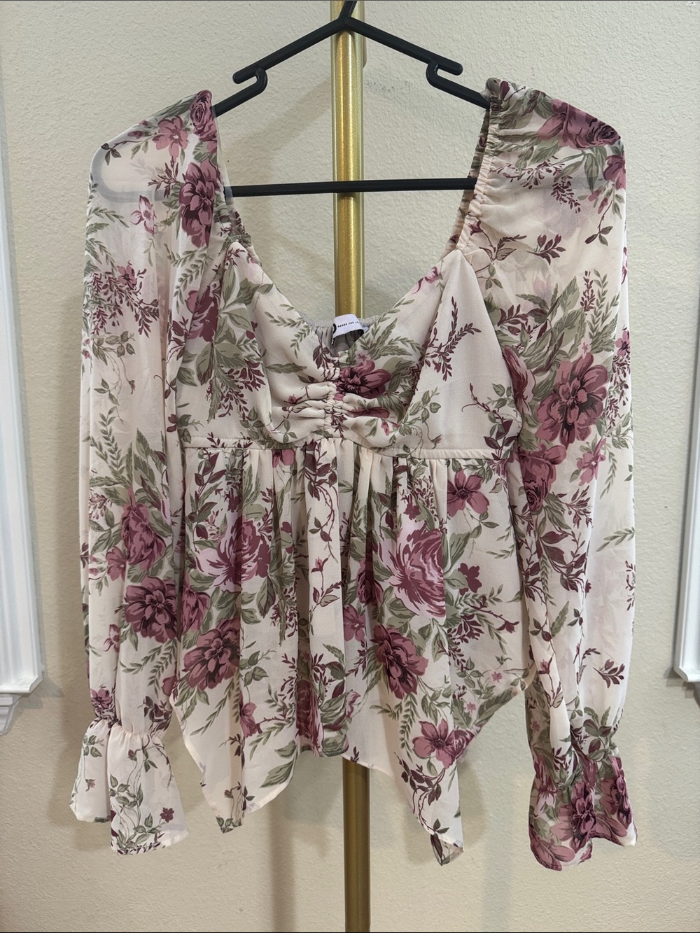 Cream Floral Peasant Blouse with Rose Print